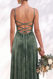 Dusty Sage A-Line Velvet Spaghetti Straps Long Wedding Guest Dress