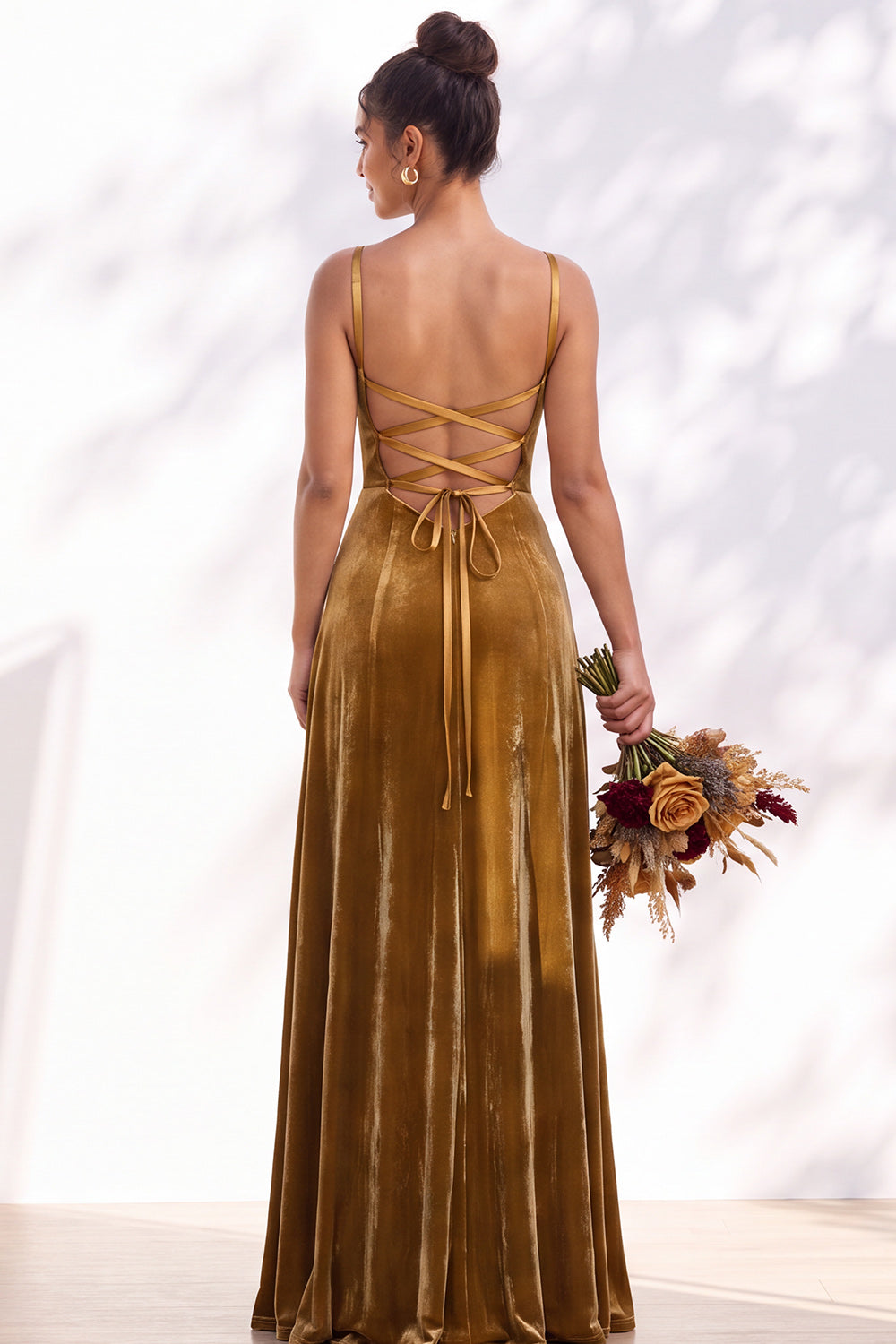 Dusty Sage A-Line Velvet Spaghetti Straps Long Wedding Guest Dress