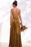 Dusty Sage A-Line Velvet Spaghetti Straps Long Wedding Guest Dress