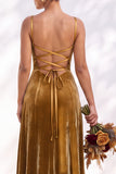 Dusty Sage A-Line Velvet Spaghetti Straps Long Wedding Guest Dress