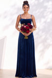 Dusty Sage A-Line Velvet Spaghetti Straps Long Wedding Guest Dress