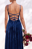Dusty Sage A-Line Velvet Spaghetti Straps Long Wedding Guest Dress