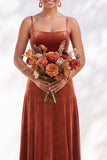 Dusty Sage A-Line Velvet Spaghetti Straps Long Wedding Guest Dress