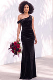 Burgundy Velvet One Shoulder Mermaid Ruched Long Wedding Guest Dress