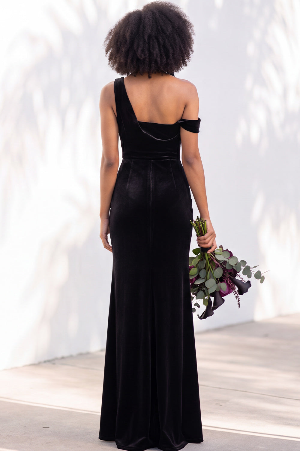 Burgundy Velvet One Shoulder Mermaid Ruched Long Wedding Guest Dress
