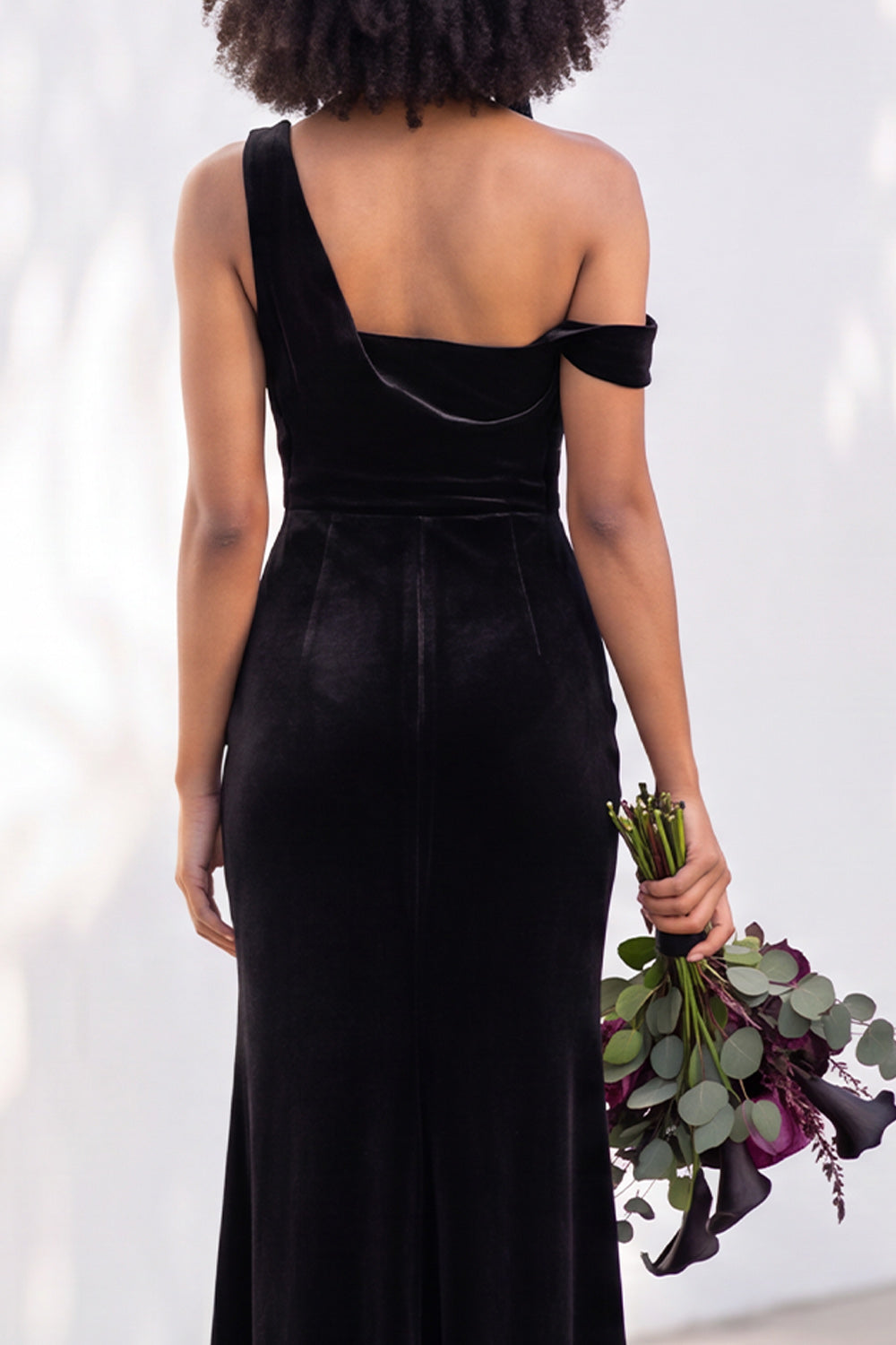 Burgundy Velvet One Shoulder Mermaid Ruched Long Wedding Guest Dress