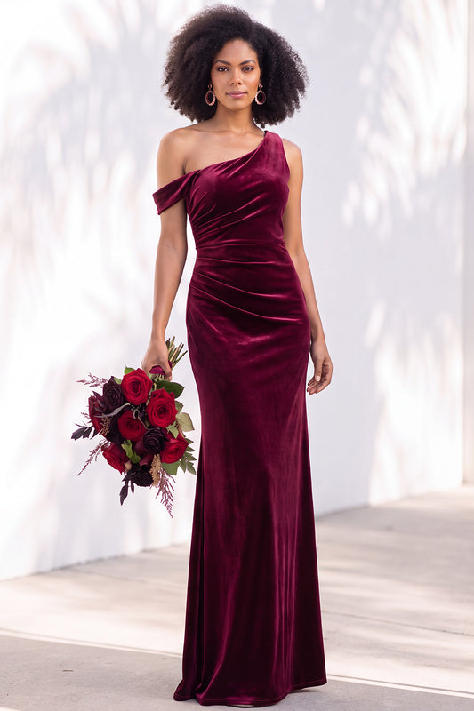 Burgundy Velvet One Shoulder Mermaid Ruched Long Wedding Guest Dress