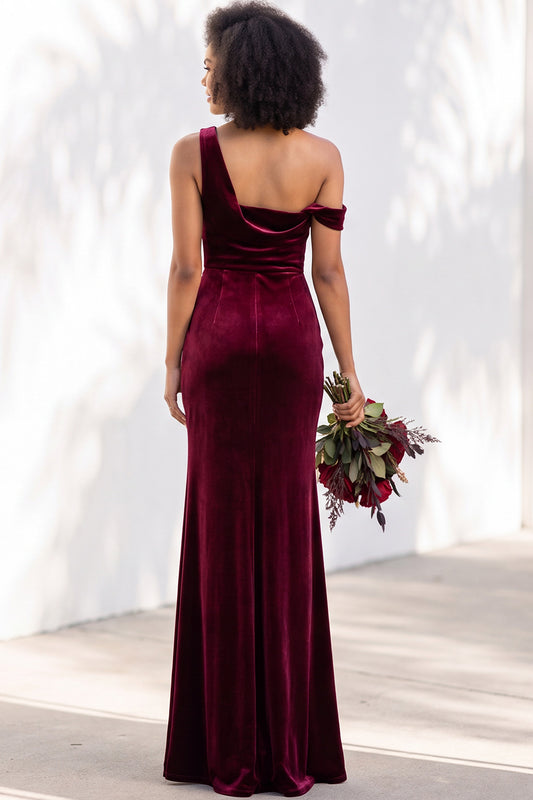 Burgundy Velvet One Shoulder Mermaid Ruched Long Wedding Guest Dress