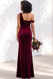 Burgundy Velvet One Shoulder Mermaid Ruched Long Wedding Guest Dress