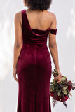 Burgundy Velvet One Shoulder Mermaid Ruched Long Wedding Guest Dress