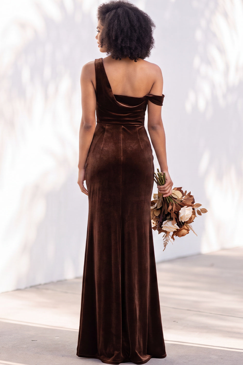 Burgundy Velvet One Shoulder Mermaid Ruched Long Wedding Guest Dress