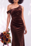Burgundy Velvet One Shoulder Mermaid Ruched Long Wedding Guest Dress