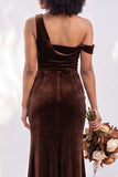 Burgundy Velvet One Shoulder Mermaid Ruched Long Wedding Guest Dress