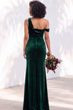 Burgundy Velvet One Shoulder Mermaid Ruched Long Wedding Guest Dress