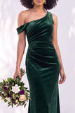 Burgundy Velvet One Shoulder Mermaid Ruched Long Wedding Guest Dress
