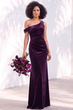 Burgundy Velvet One Shoulder Mermaid Ruched Long Wedding Guest Dress