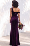 Burgundy Velvet One Shoulder Mermaid Ruched Long Wedding Guest Dress