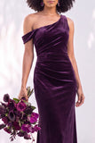 Burgundy Velvet One Shoulder Mermaid Ruched Long Wedding Guest Dress