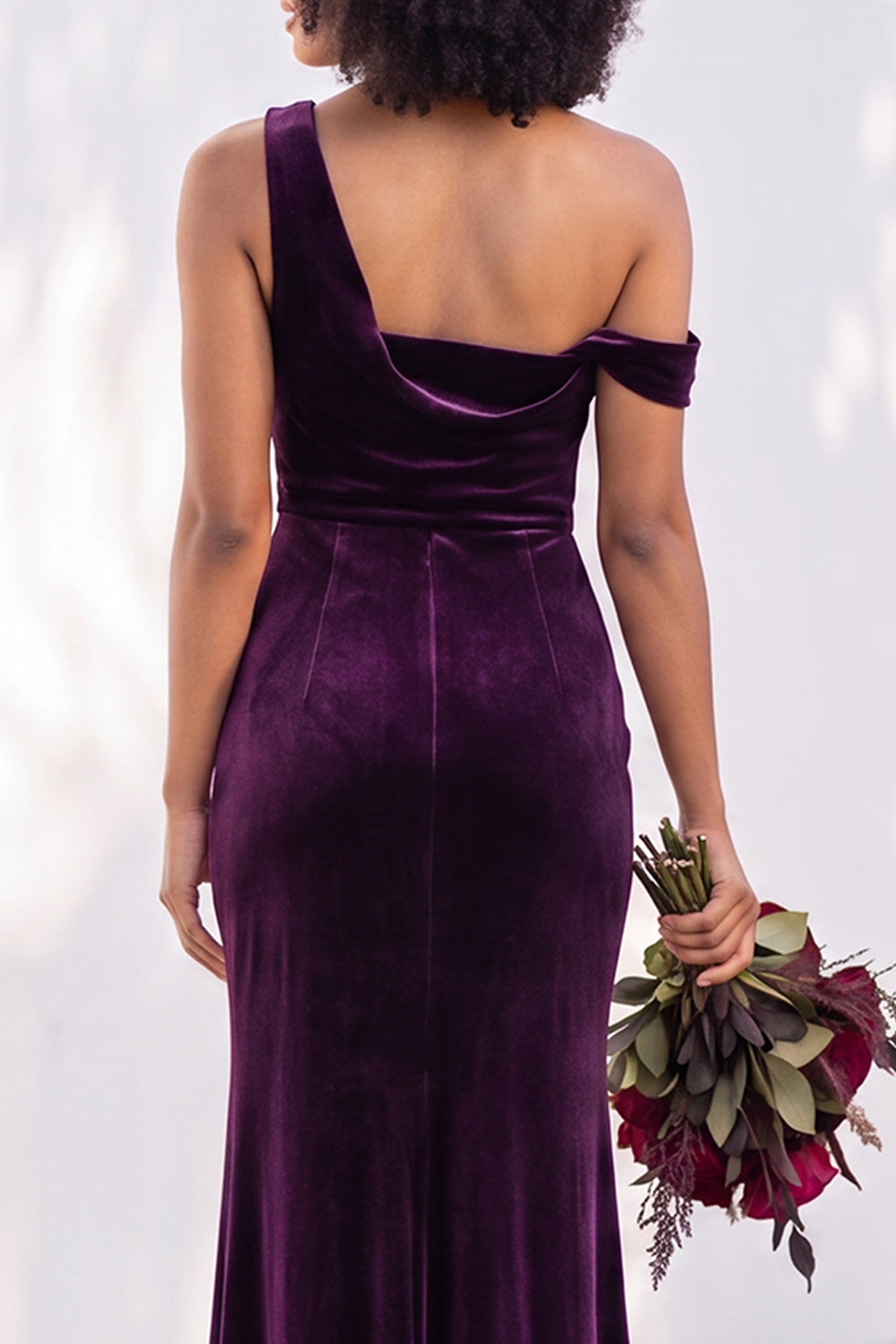 Burgundy Velvet One Shoulder Mermaid Ruched Long Wedding Guest Dress