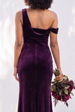 Burgundy Velvet One Shoulder Mermaid Ruched Long Wedding Guest Dress