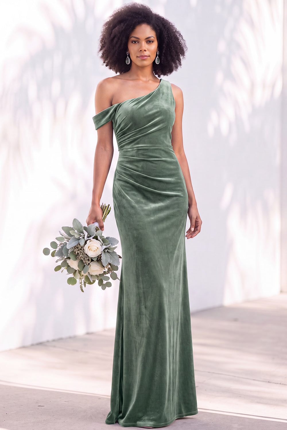 Burgundy Velvet One Shoulder Mermaid Ruched Long Wedding Guest Dress