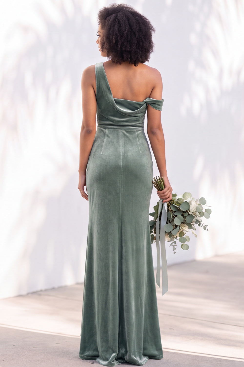 Burgundy Velvet One Shoulder Mermaid Ruched Long Wedding Guest Dress