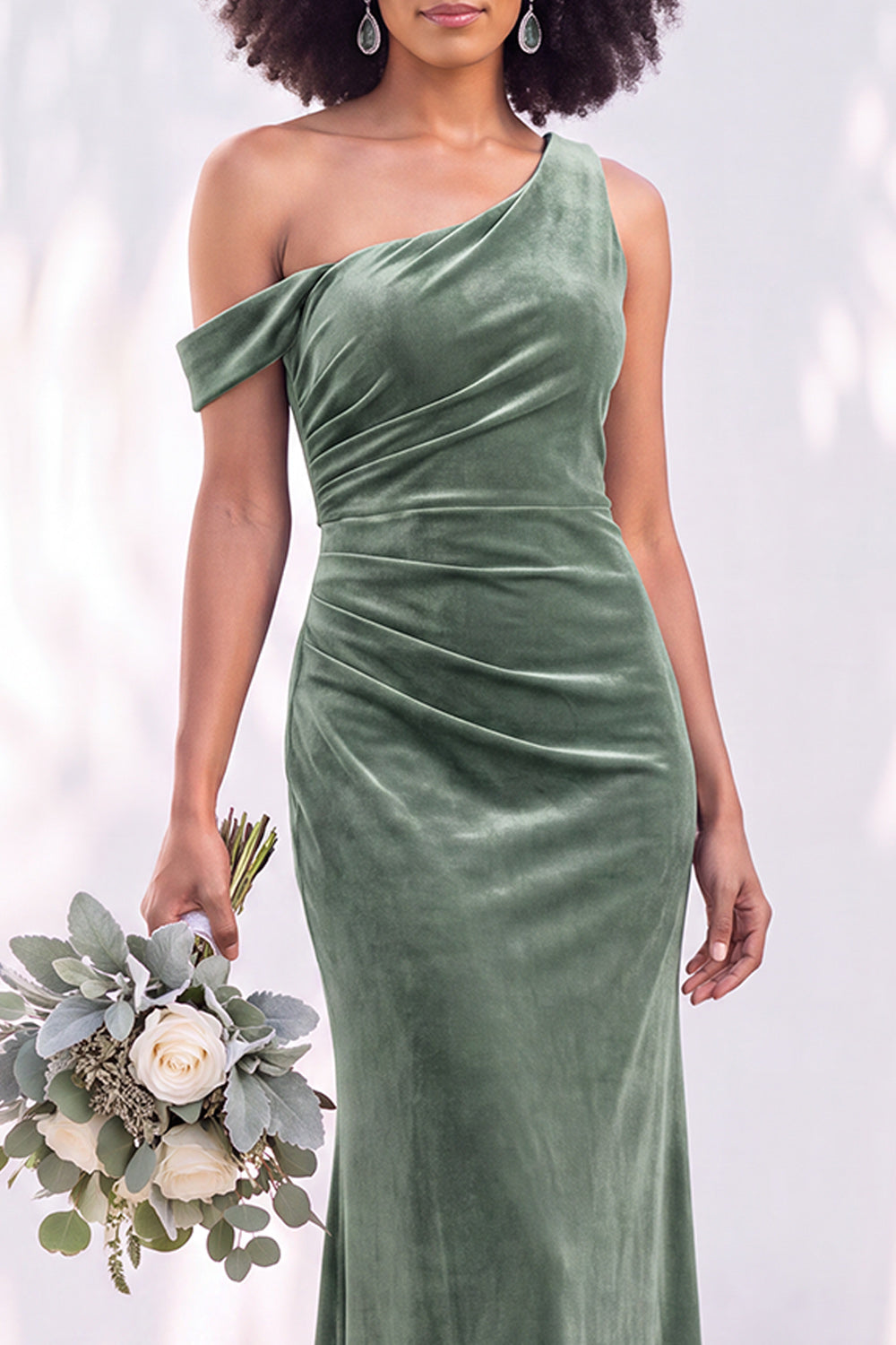 Burgundy Velvet One Shoulder Mermaid Ruched Long Wedding Guest Dress
