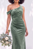 Burgundy Velvet One Shoulder Mermaid Ruched Long Wedding Guest Dress