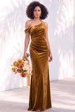 Burgundy Velvet One Shoulder Mermaid Ruched Long Wedding Guest Dress
