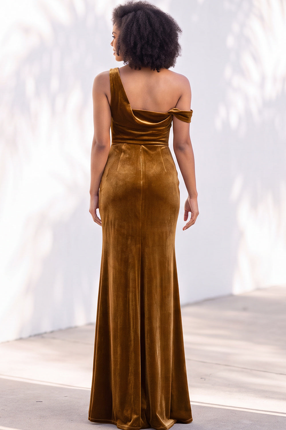 Burgundy Velvet One Shoulder Mermaid Ruched Long Wedding Guest Dress