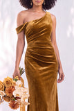 Burgundy Velvet One Shoulder Mermaid Ruched Long Wedding Guest Dress