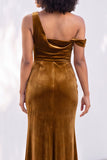 Burgundy Velvet One Shoulder Mermaid Ruched Long Wedding Guest Dress