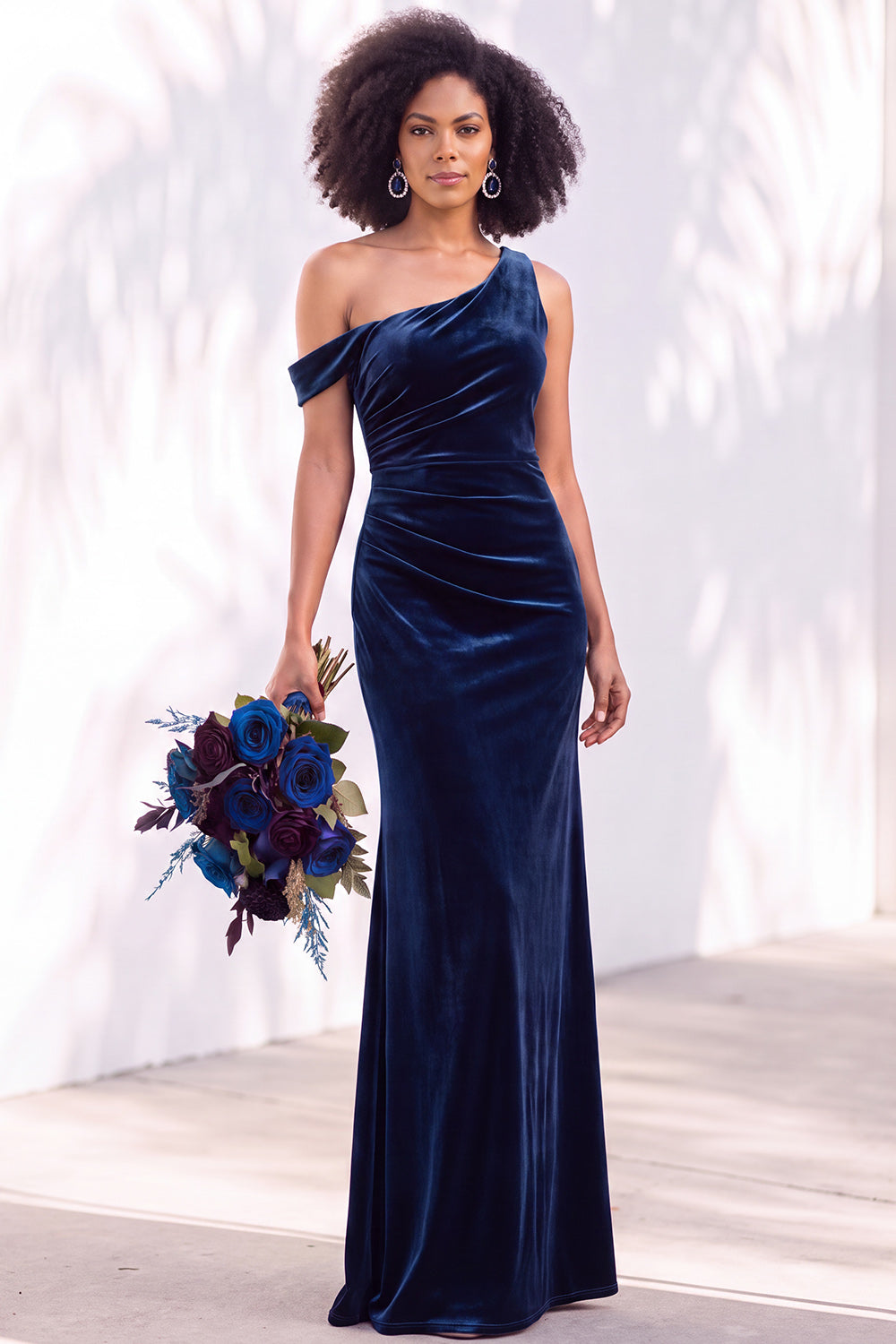 Burgundy Velvet One Shoulder Mermaid Ruched Long Wedding Guest Dress