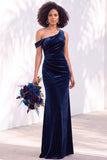 Burgundy Velvet One Shoulder Mermaid Ruched Long Wedding Guest Dress