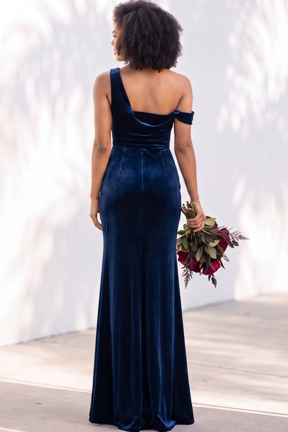Burgundy Velvet One Shoulder Mermaid Ruched Long Wedding Guest Dress