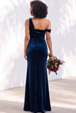Burgundy Velvet One Shoulder Mermaid Ruched Long Wedding Guest Dress