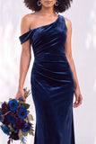 Burgundy Velvet One Shoulder Mermaid Ruched Long Wedding Guest Dress