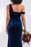 Burgundy Velvet One Shoulder Mermaid Ruched Long Wedding Guest Dress