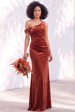 Burgundy Velvet One Shoulder Mermaid Ruched Long Wedding Guest Dress