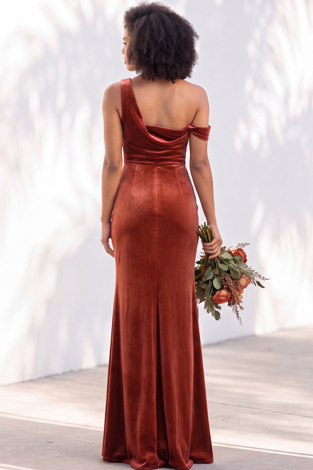 Burgundy Velvet One Shoulder Mermaid Ruched Long Wedding Guest Dress