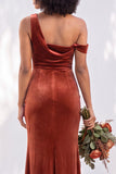 Burgundy Velvet One Shoulder Mermaid Ruched Long Wedding Guest Dress