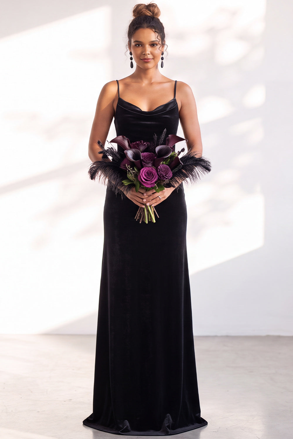 Black Mermaid Spaghetti Straps Velvet Long Wedding Guest Dress