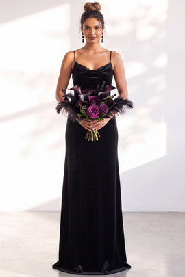 Black Mermaid Spaghetti Straps Velvet Long Wedding Guest Dress