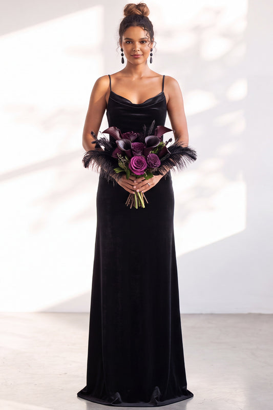 Black Mermaid Spaghetti Straps Velvet Long Wedding Guest Dress