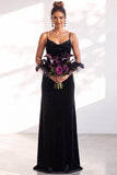Black Mermaid Spaghetti Straps Velvet Long Wedding Guest Dress