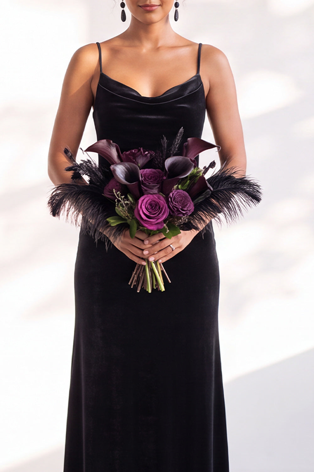 Black Mermaid Spaghetti Straps Velvet Long Wedding Guest Dress