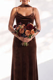 Black Mermaid Spaghetti Straps Velvet Long Wedding Guest Dress