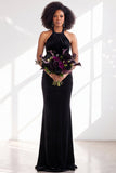 Dark Purple Velvet Mermaid Halter Long Wedding Guest Dress