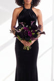 Dark Purple Velvet Mermaid Halter Long Wedding Guest Dress