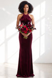 Dark Purple Velvet Mermaid Halter Long Wedding Guest Dress